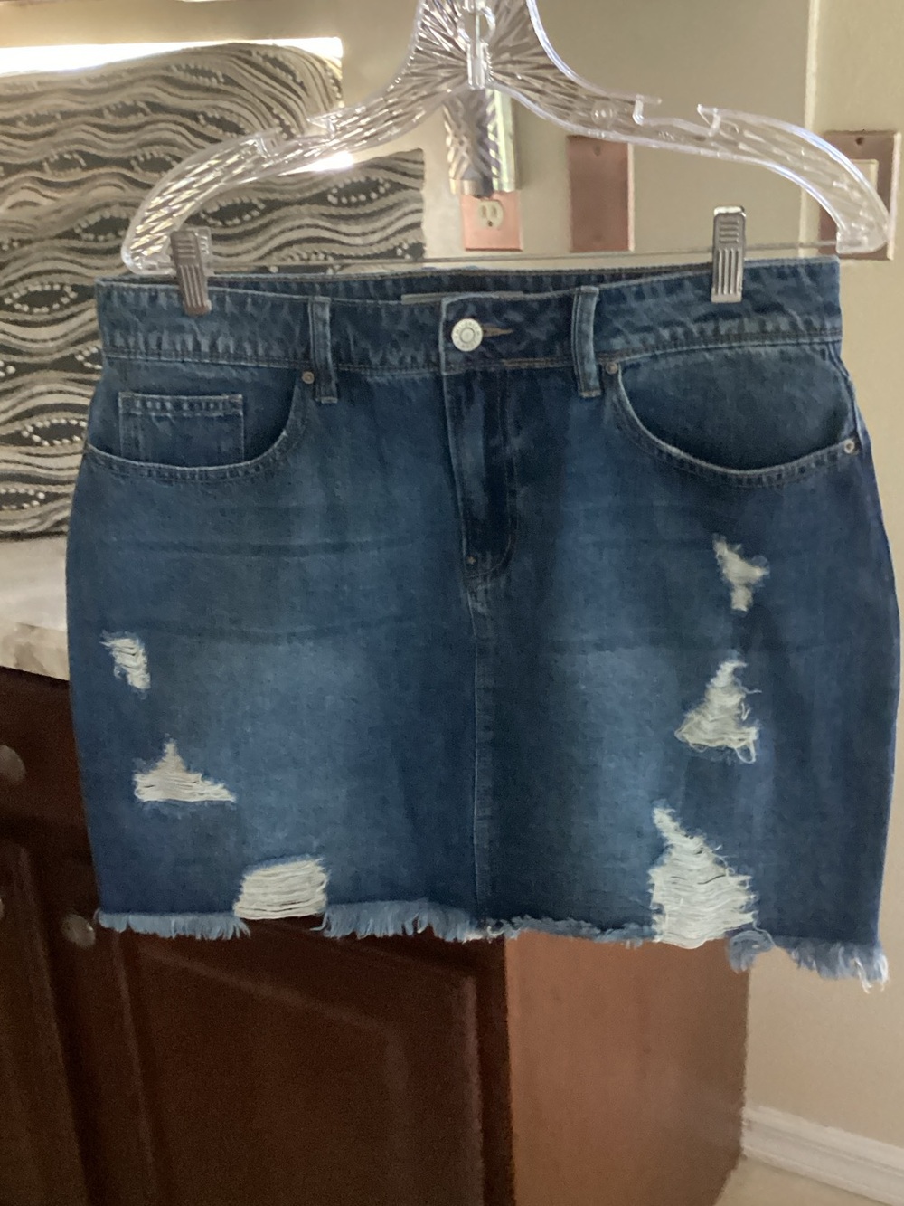 YMI Distressed Dark Blue Denim Mini Skirt 16” Length